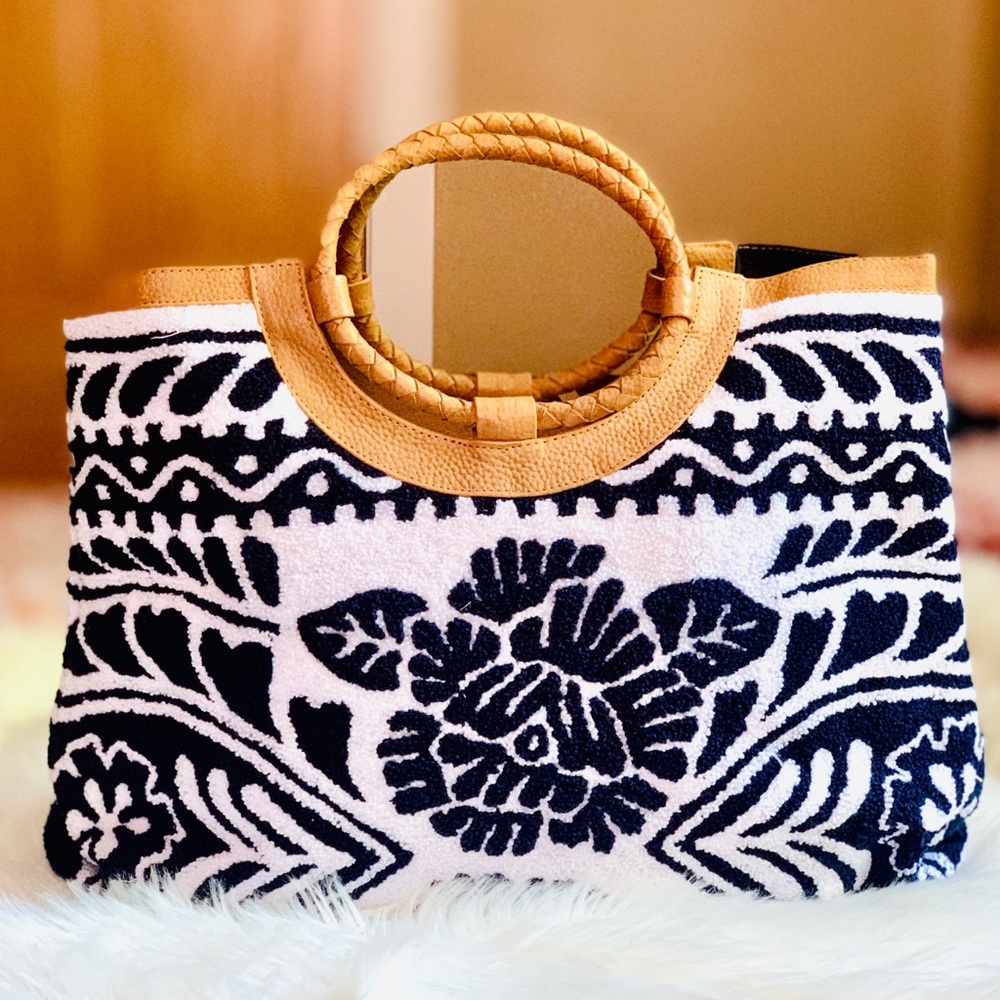 Cleobella Black and Cream Woven Floral Tote